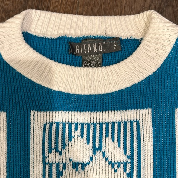 Gitano Vintage 80s-90s Turquoise & White Knit Sweater Winter Ski Design Medium - Picture 2 of 4